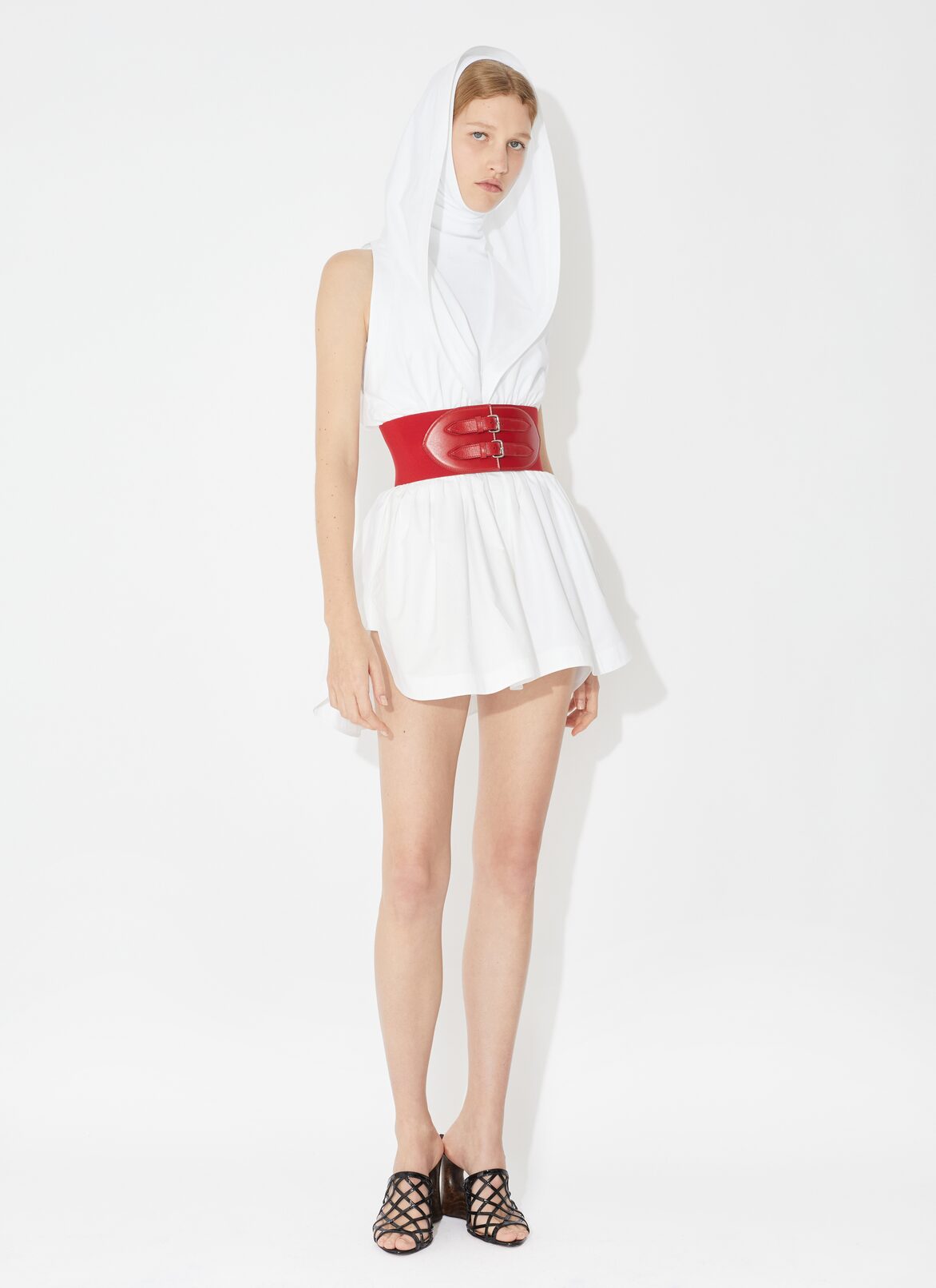Belted hooded dress in poplin ALAÏA WHITE BELTED HOODED DRESS IN POPLIN